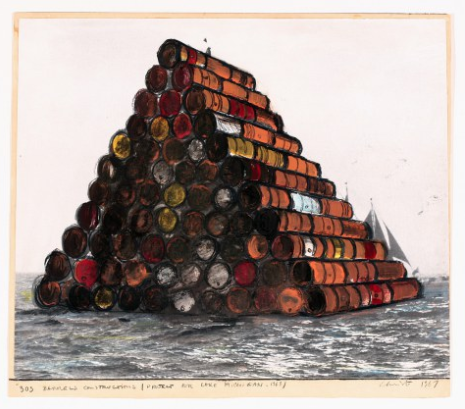 Christo, 303 barrels Construction (Project for Lake Michigan – 1968),  Collage, 1967 47.6 x 54.6 cm. Wax crayon, enamel paint and photostat on card  Courtesy of the artist Photo: André Grossmann  © 1967 Christo, Courtesy of The Serpentine Galleries.
