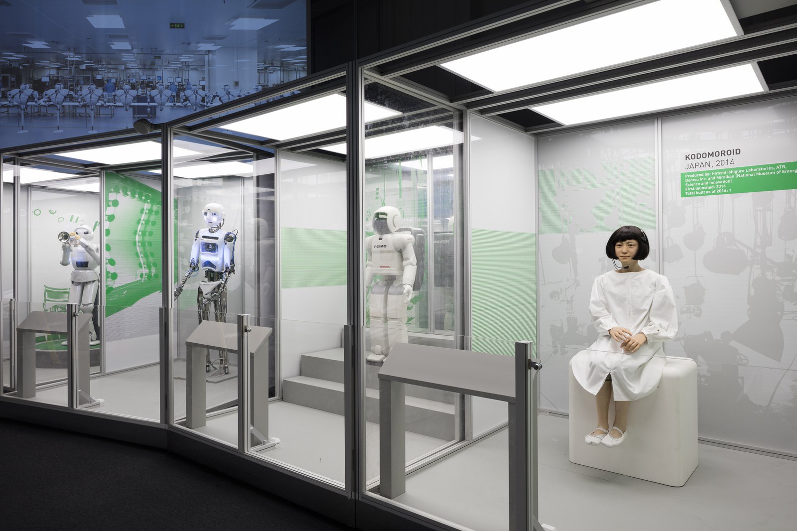 Four robots (l-r Harry, RoboThespian, ASIMO, Kodomoroid) in the Robots exhibition © Plastiques Photography, courtesy of the Science Museum