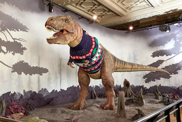 T-Rex at the Natural History Museum sporting his Christmas Jumper