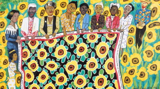 The image shows a vibrant painting called 'Sunflower Quilting Bee at Arles' that depicts a group of women holding a sunflower quilt. You can also see Vincent van Gogh in the background