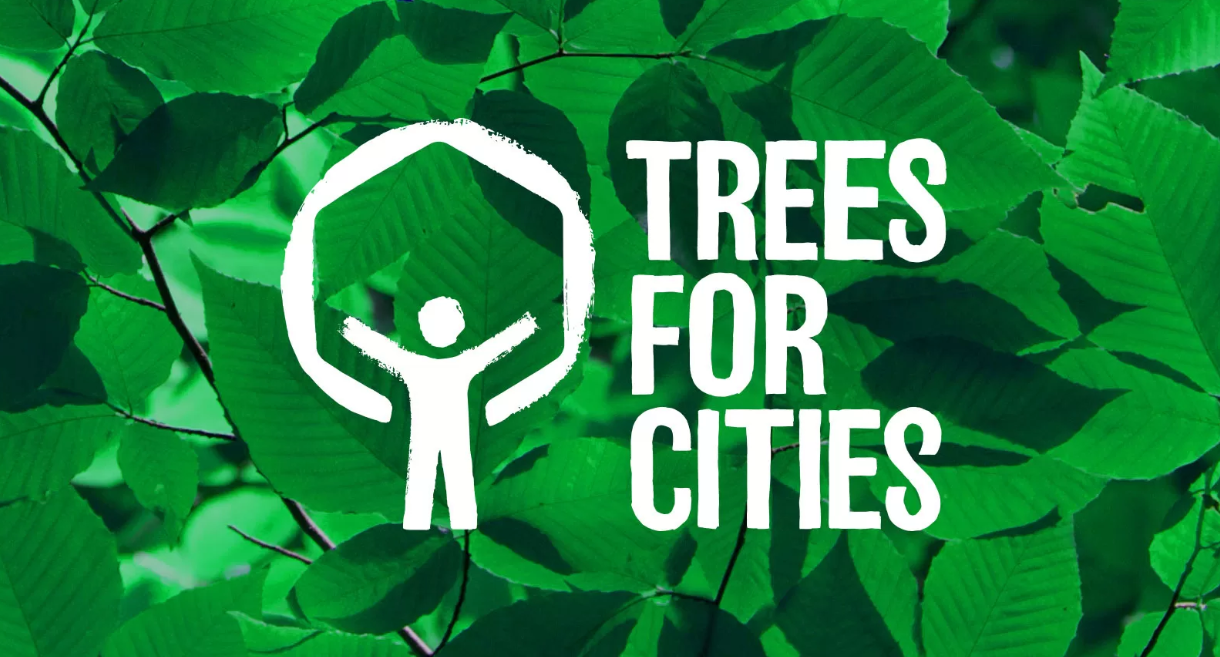 Trees for cities logo that depicts human in a white circle with his hands raised